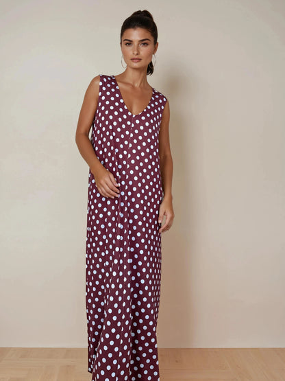 Vestido Largo Sin Mangas LUCÍA Lunar Celeste-Grana