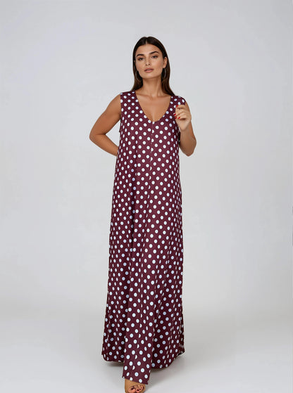 Vestido Largo Sin Mangas LUCÍA Lunar Celeste-Grana