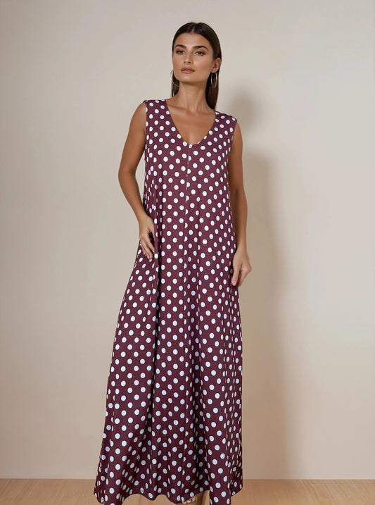 Vestido Largo Sin Mangas LUCÍA Lunar Celeste-Grana