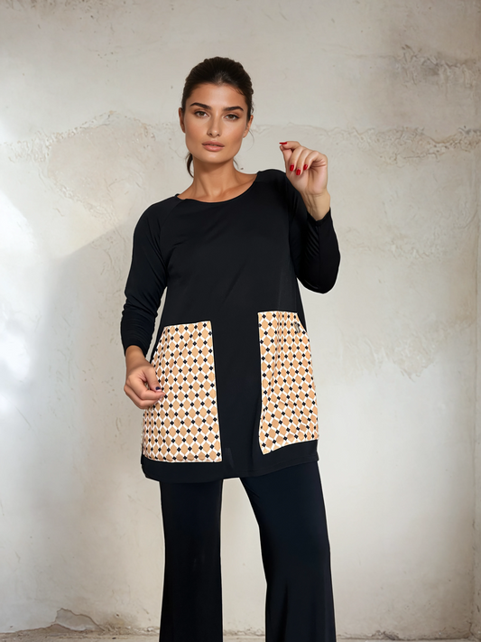 Top Evasé LOLA Negro-Geométrico Curry