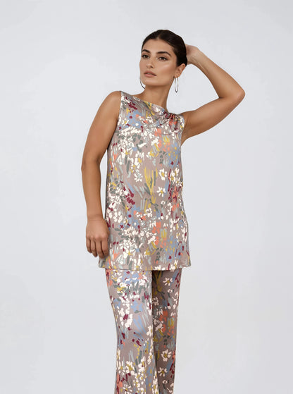 Top Largo Twist NIEVES Sin Mangas Estampado Botánico