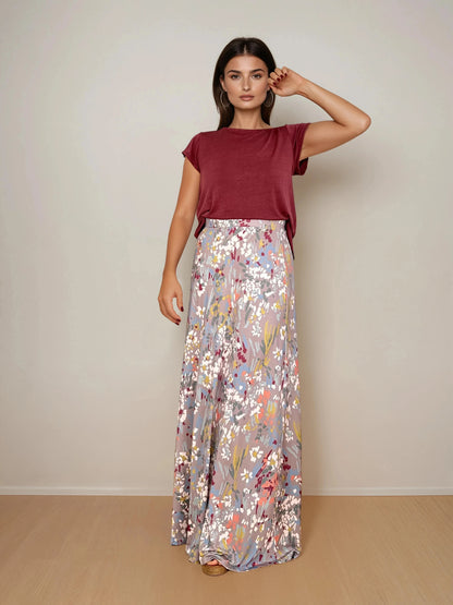Falda Larga Evasé CORA Estampado Botánico