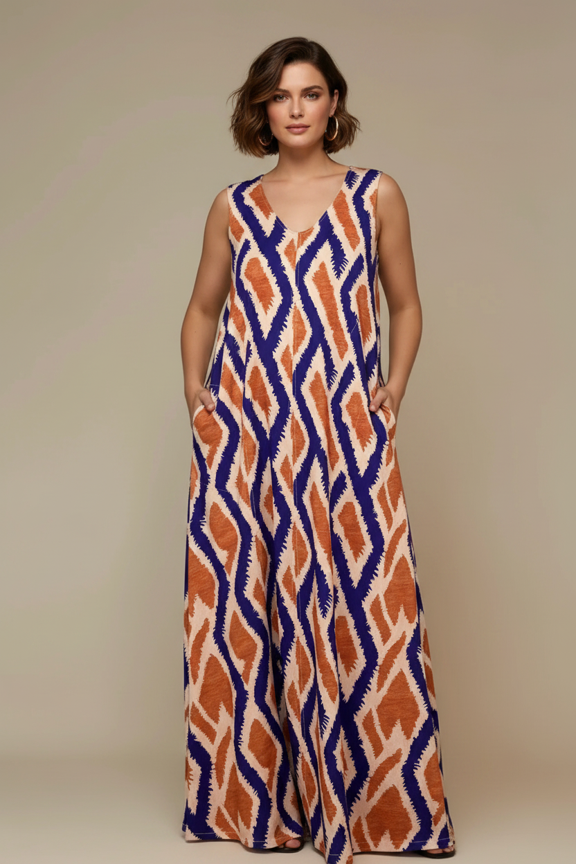 LUSET Long Dress with IKAT Print