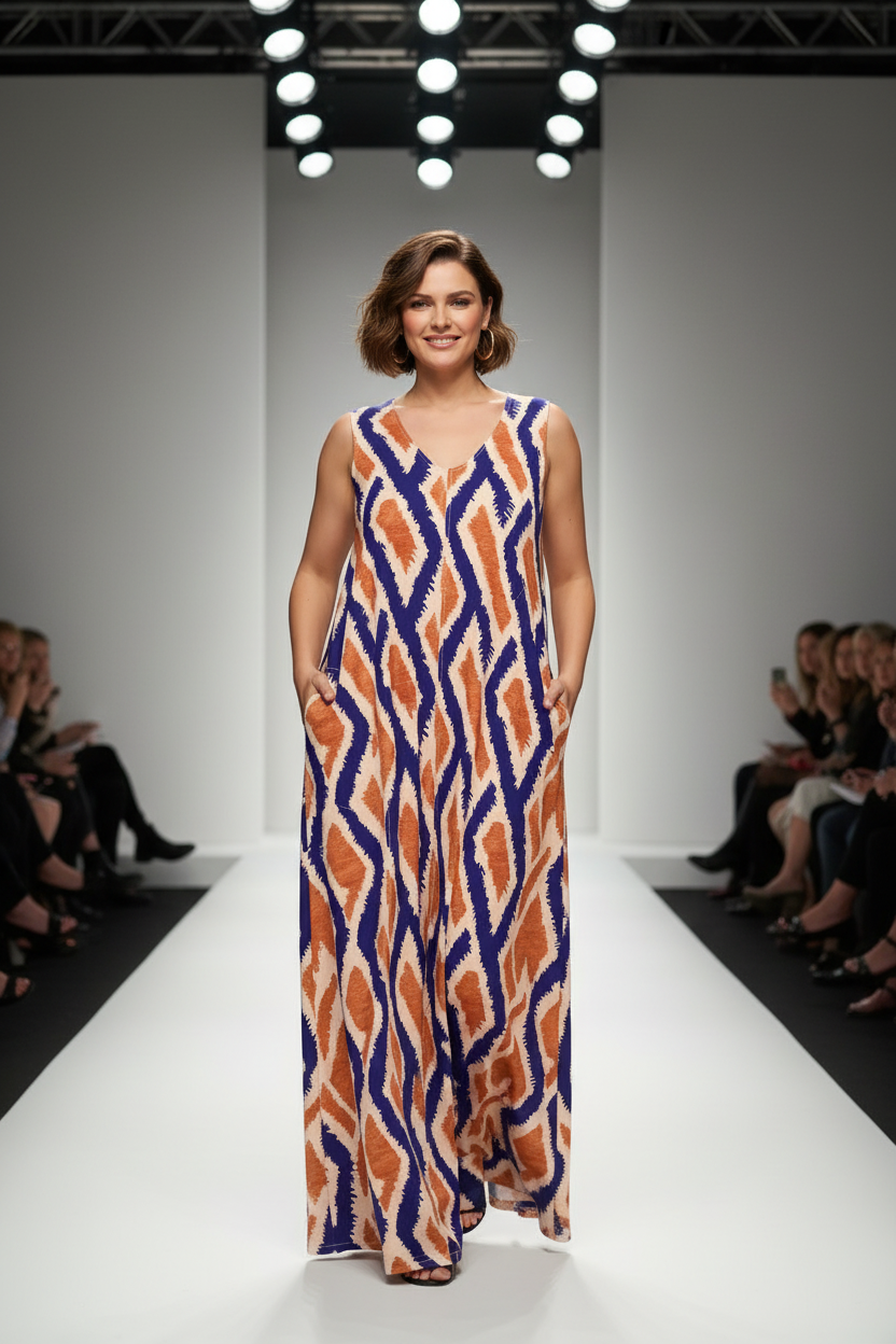 Vestido Ikat — Modelo Runway Plus Size