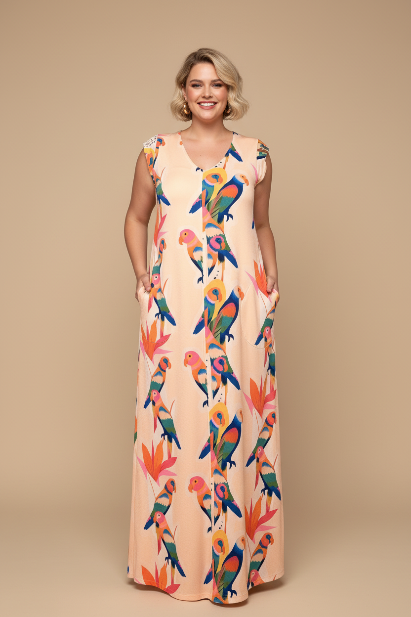 Vestido Largo Manga Mini LUCÍA Loros